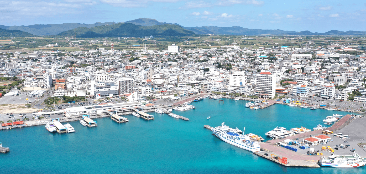沖縄の湾岸沿いと街並みを見下ろす風景